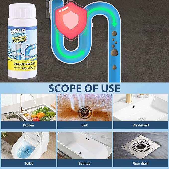 Wild Tornado Powerful Sink & Drain Cleaner Powder, Pipe Dredging Agent for Kitchen Bathroom Drain, Clog Remover Pipeline Cleaner, Portable Fast Acting Cleaning Powder (2PCS)