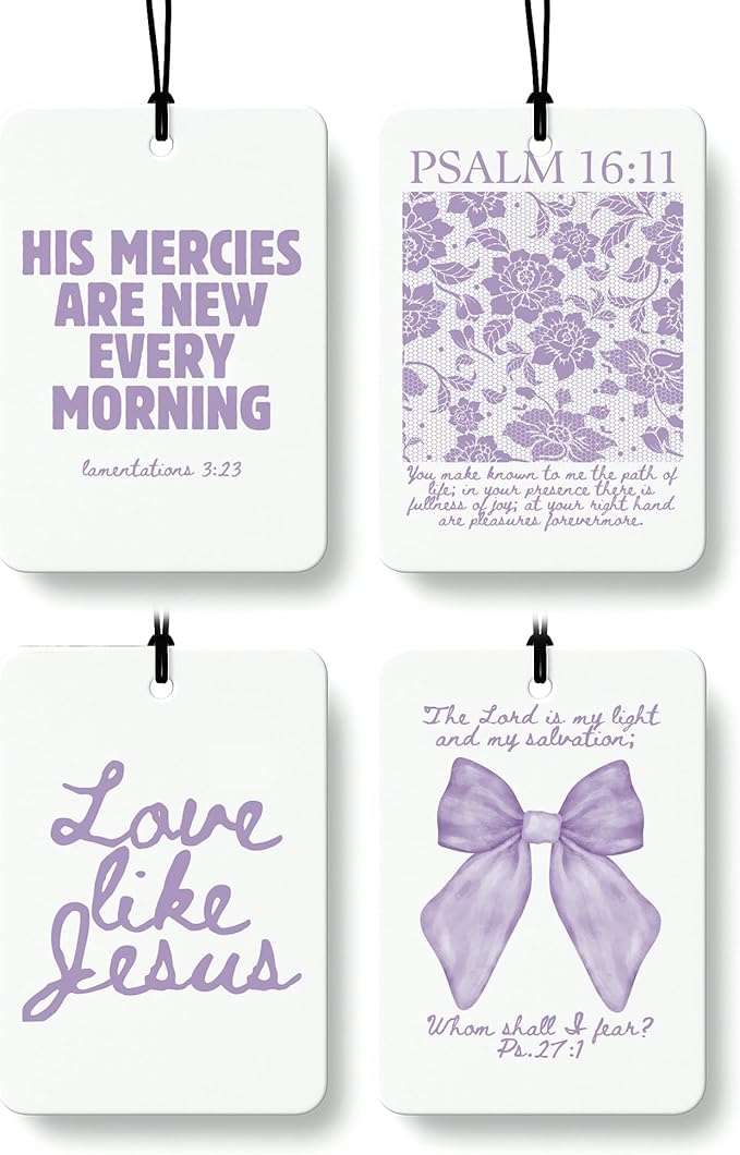 Purple Christian Car Air Freshener 4 Pcs, Girly Pink Bow Floral Religious Hanging Air Freshener for Cars Closet Drawer Books, Cute Preppy Christian Car Accessories Mirror Decor for Women
