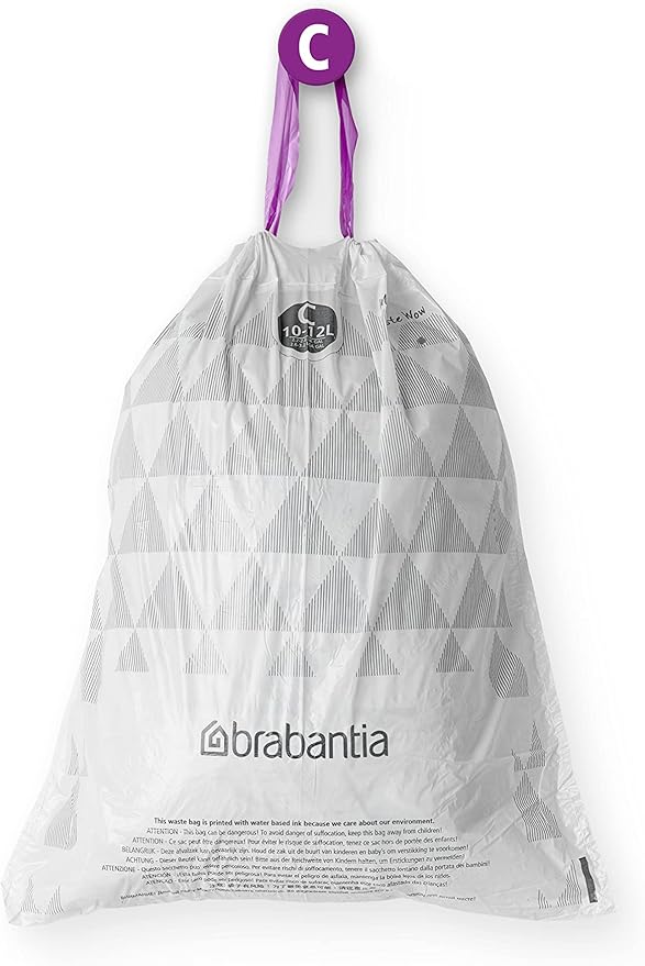 Brabantia PerfectFit Trash Bags (Size C/2.6-3.2 Gal) Thick Plastic Trash Can Liners with Drawstring Handles (200 Bags)