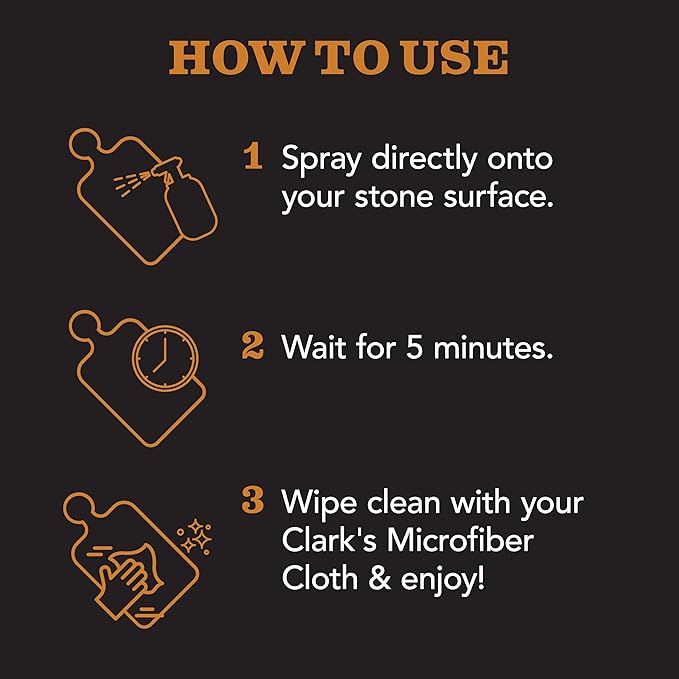 CLARK'S Natural Stone Spray Cleaner, with Microfiber Cloth for Soapstone, Granite, Quartz, Marble, & other Countertop Surfaces – Pure Ingredients to Keep Stone Protected, Citrus Oil Extracts, 12oz