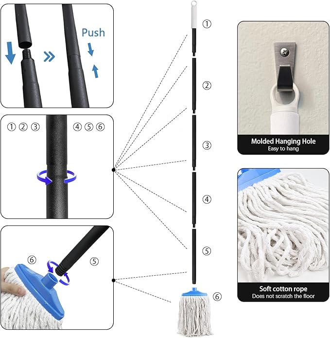 Indoor Cotton Mops for Floor Cleaning - 53.7" Adjustable Iron Handle Regular Mops to Clean Living Room, Kitchen, and Bathroom,Indoor Cleaning Mop for Wood Floors, Tile, Hardwood Floor. (Blue White