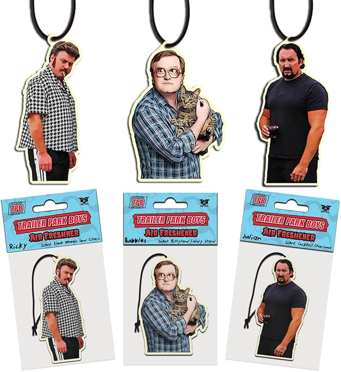Trailer Park Boys Funny Car Air Freshener 3 PACK - Three Funny Hanging Car Air Freshener, Ricky, Julian, Bubbles - Funny Car Accessories for Men & Women