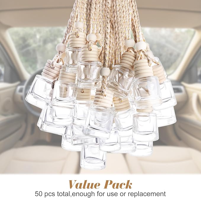 50 Pcs Car Hanging Air Freshener Empty Car Essential Oil Diffuser Bottles Pendant Glass Perfume Bottles Aromatherapy Fragrance Bottle Auto Ornaments Decor