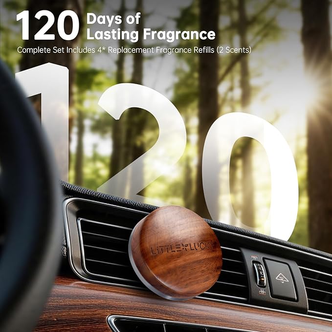 Littlelucky Car Air Freshener, 2 PCS North America Walnut Wood, Car Air Freshener Vent Clip for Hidden Air Vent etc, 4 PCS Scent Refills, 2 Natural Plant Extract Fragrance Long-lasting for 120 Days