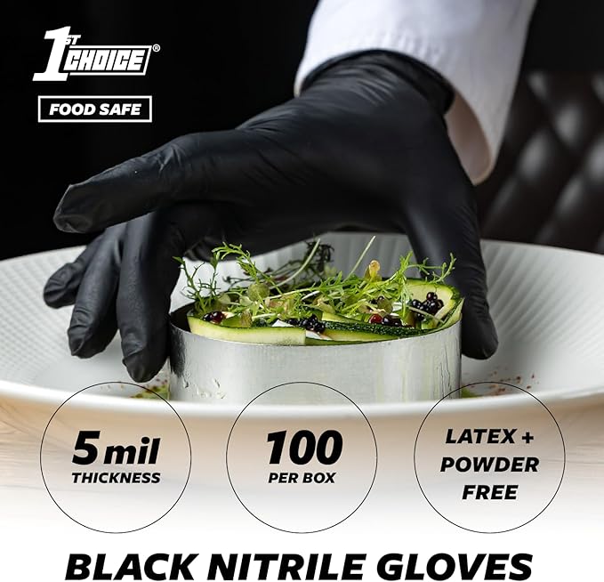 1st Choice Nitrile Gloves Disposable Latex-Free, Black, 5 Mil for Cooking, Cleaning, Automotive, Industrial, Food Prep, Home