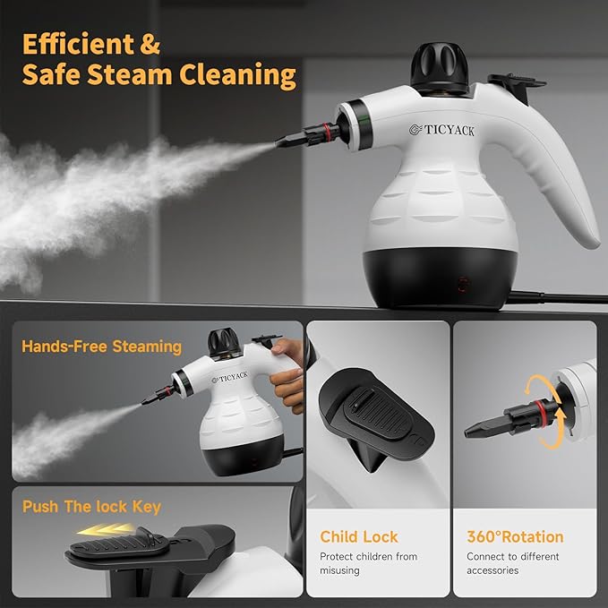 TICYACK Handheld Steam Cleaner, Steam Cleaner with 16 PCS Accessory & Safety Lock, Capacity, Multi-Surface Deep Cleaning for Home, Car, Bathroom, Grout, Floor, Window(White/Black)