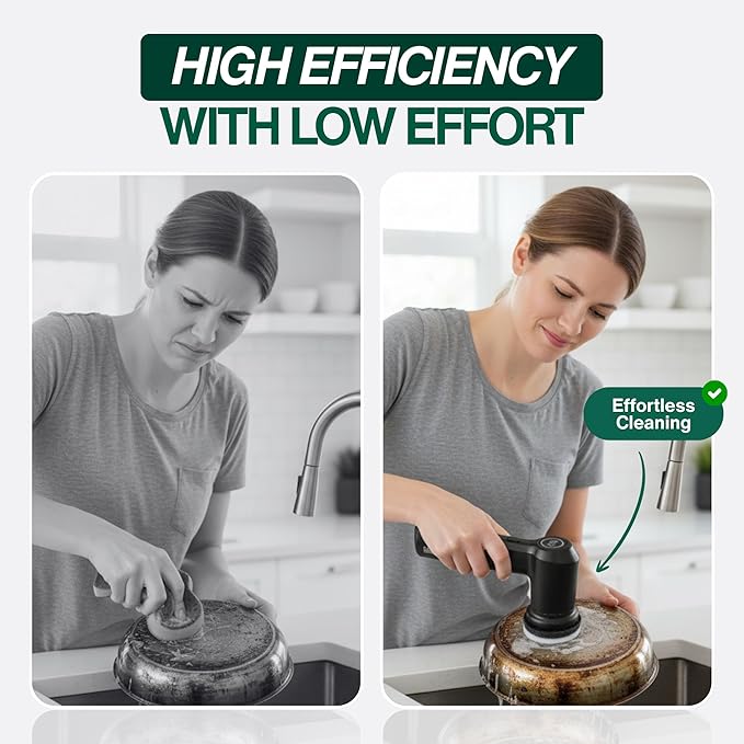 Electric Spin Scrubber – Handheld & Ergonomic, IPX7 Waterproof, 4 Multi-Purpose Brush Heads, Long-Lasting Rechargeable Battery – Cleans Dishes, Bathroom, Tile, Grout & Kitchen (Black)
