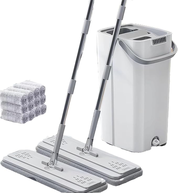 Spin Mop and Bucket Set, 2 Mops & 8 Microfiber Pads, with Wringer and 360° Rotating Head for Floor Cleaning, Hands-Free Wash for Hardwood Tile Laminate(White)