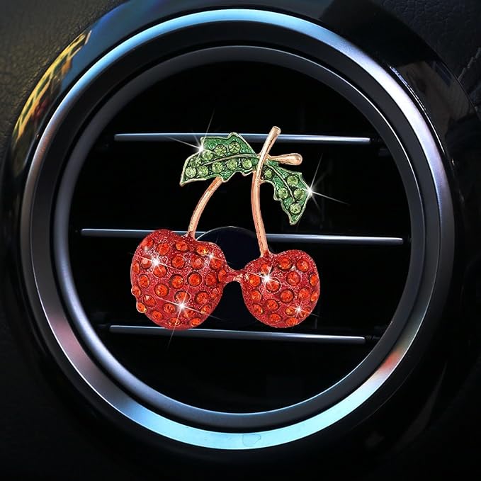 Red Cherry Car Air Vent Freshener Perfume Clip, Rhinestone Air Outlet Fragrance Perfume Clip Freshener, Car Decorations, Interior Accessories (Odor Random)(Ocean, lavender, cologne, peach)