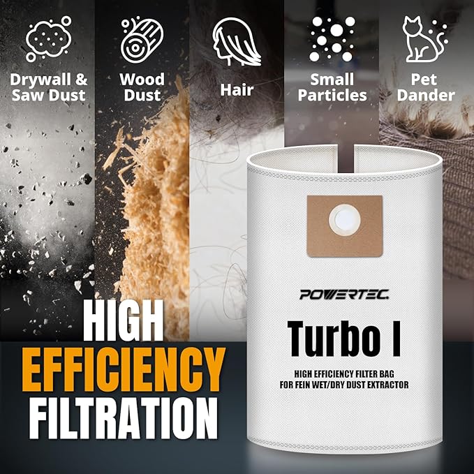 POWERTEC Turbo I, 9-20-27 Fleece Filter Bags 15PK, for Fein Dustex 25 L Wet/Dry Dust Extractor, for Fein 31345061010 Shop Vacuum Replacement Bags, Filter Bags, Dust Bags (75041-P3)