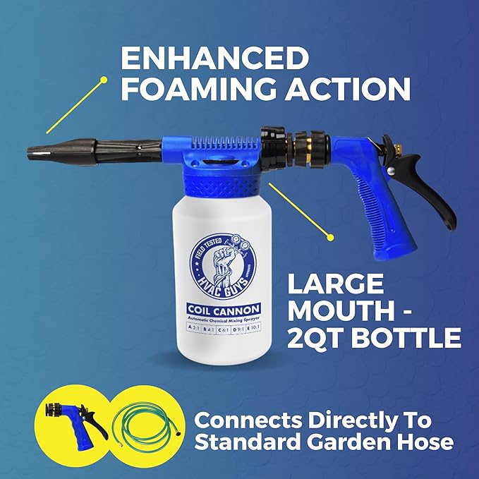 Coil Cannon | AC Coil Cleaner Automatic Foaming Mixing Sprayer | Compatible with All Cleaners & Chemicals | 5 Dilution Ratios