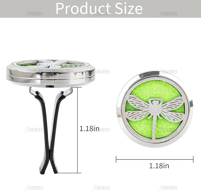 AUEAR, Dragonfly Car Diffuser Vent Clips Aromatherapy Essential Oil Diffusers 30mm Stainless Steel Lockets with 10 Felt Refill Pads