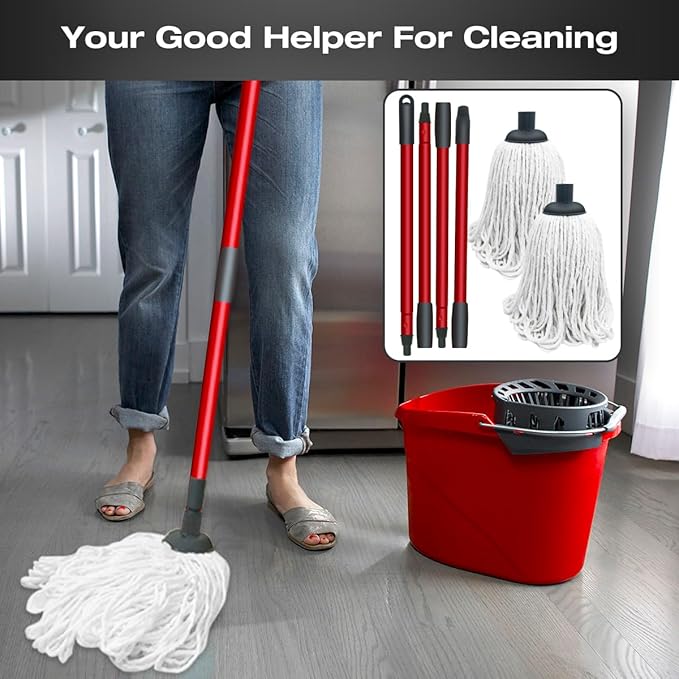 2 PCS Cotton String Screw on Mop Replacement Head Compatible with O-Cedar as Well All Standard US Threading Pole (Acme 3/4 inch Thread) and 1 PCS O-Cedar Spin Mop Four-Section Handle