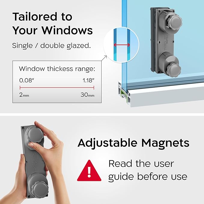 Tyroler Magnetic Window Cleaner Tool | The Silicone Glider R-2 AFC Fits Windows 0.1"-1.2" Thick | Double Sided Outside Window Cleaner Tool | Adjustable Control
