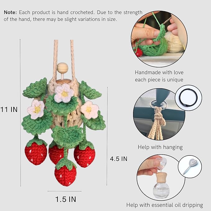 Handmade Crochet Hanging Car Air Freshener - Cute Strawberry Plant Design, 12ml Refillable Thick Glass Bottle, Car Diffuser for Rearview Mirror, Home & Office Decor