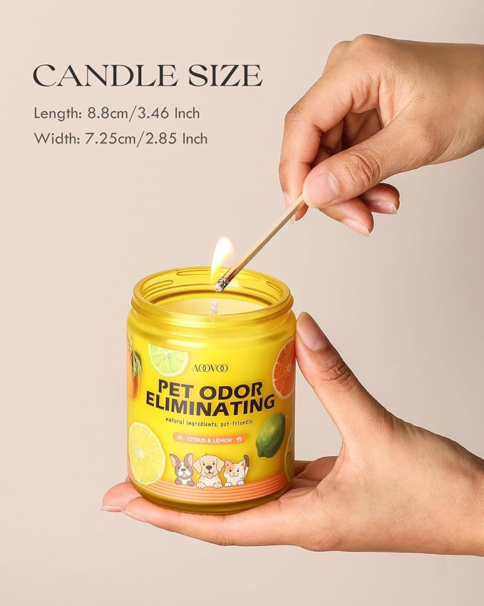 AOOVOO 2 Pack Lemon Citrus Pet Odor Eliminating Highly Fragranced Candle - Eliminates 95% of Pet, Smoke, Food, and Other Smells Quickly, Air Freshing Soy Candle