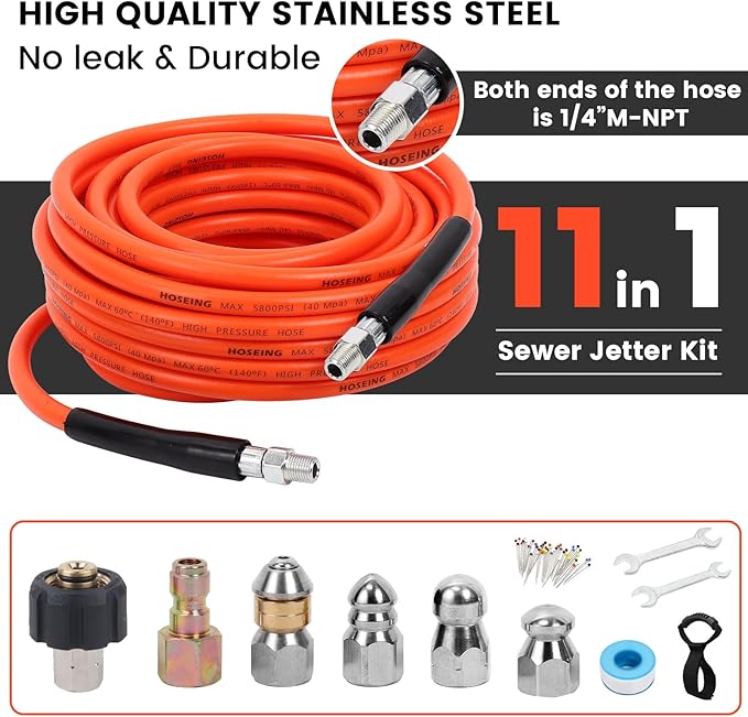 200FT Pressure Washer Sewer Jetter Kit, 5800 PSI Water Jet Drain Cleaner Hose with Corner Rotating Button Nose Nozzle, 1/4 Inch NPT, Sewer Jetter Nozzles Kit with Spanner Handle Strap
