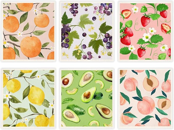 Morigins Mixed Fruit Swedish Kitchen Dishcloths Reusable Dish Towels Absorbent and Fast Dry Cleaning Cloths for Kitchen Cleaning Wipes 6 Pieces
