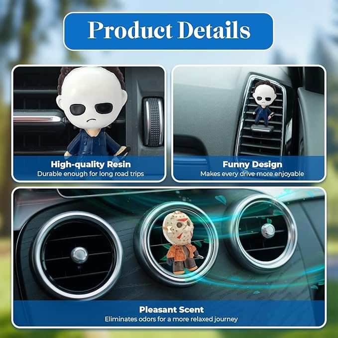 GENANY 3D Resin Horror Movie Killer Character Car Air Freshener Vent Clips, Spooky Car Freshener, Horror Air Freshener, Gothic Gifts for Women and Men, Cool Spring Gifts For Horror Fans