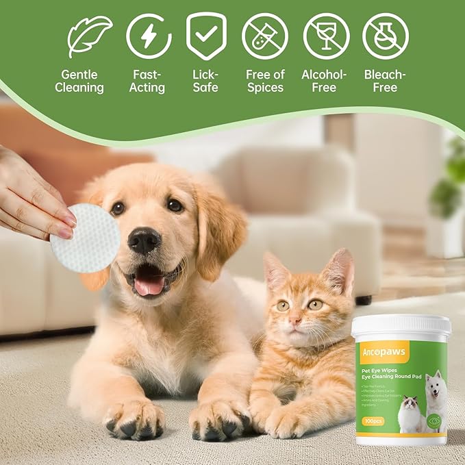 Hypoallergenic Eye Wipes for Dogs & Cats - Tear Stain Remover & Cleaner - Gently Removes Discharge, Crust, Mucus, Debris - Pet Cleaning Deodorizing Wipes for Wrinkle & Face - Natural, Unscent (100 Ct)