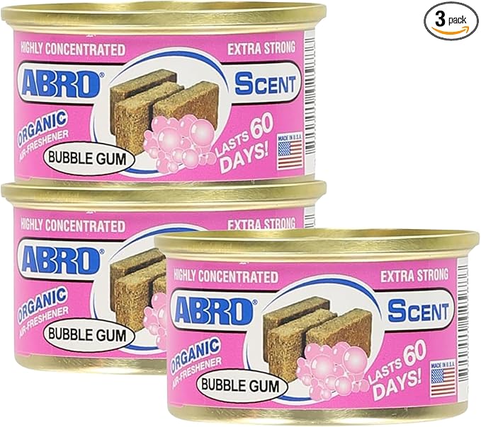 ABRO Car Air Fresheners: Canned, Spill Proof Airfreshener for Home, Office, or Car Accessories Interior, Lasts Up to 60 Days - 3 Pack Bubble Gum Scent
