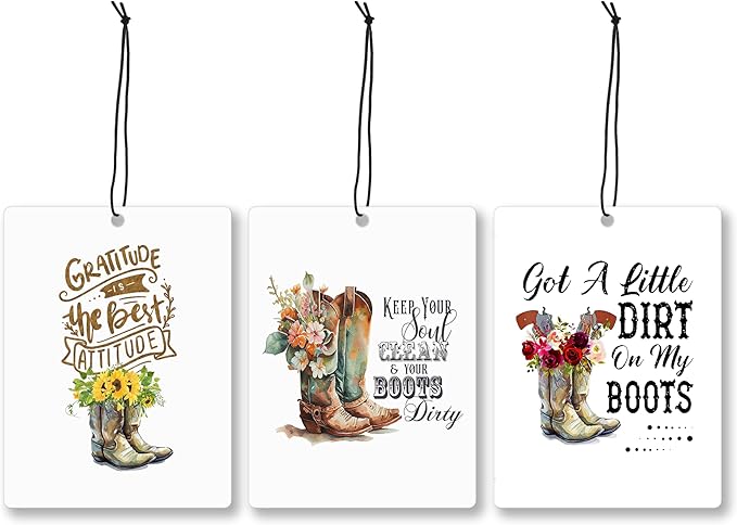 Mancheng-zi Retro Western Car Air Freshener 3Pcs, Floral Cowgirl Boots Inspirational Air Freshener Hanging for Cars Closet Drawer or Books, Western Girly Car Accessories Mirror Decor for Women