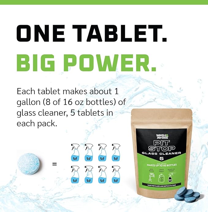 WASH&WHIPS Glass Cleaner Tablets (Makes 5 Gal/20L/40 Bottles) - Streak-Free, Cleans Glasses, Windows, Windshields - Car, Office, Home & Kitchen (5 count, Pink Tablets)