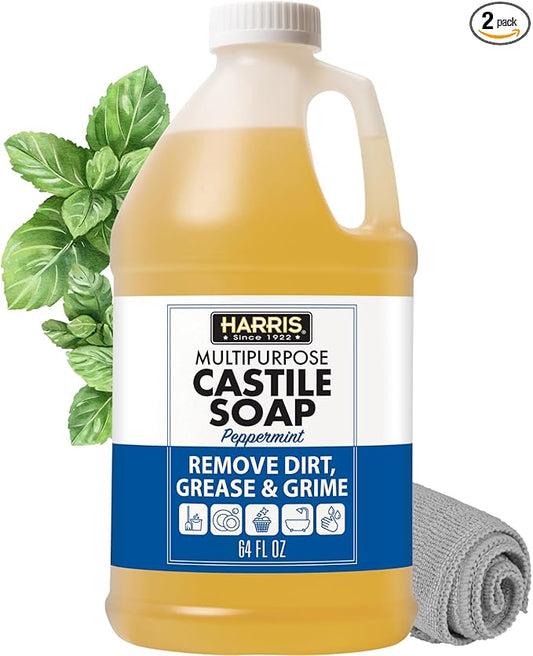 HARRIS Multi-Purpose Pure Liquid Castile Soap with Micro Fiber Towel for Home Cleaning, For Dish Soap, Laundry Detergent, Kitchen and Bathroom Surfaces, Kids Rooms, Peppermint, 64 Oz