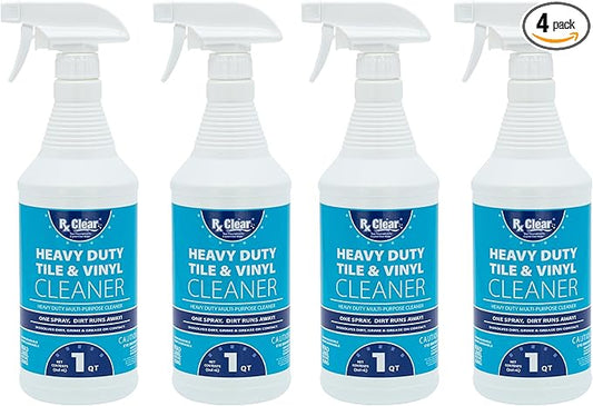 Rx Clear Title Heavy Duty Tile & Vinyl Cleaner | Multi-Purpose Chemical for Indoor and Outdoor Surfaces Including Swimming Pools | Cleans On Contact | 1 Quart Bottles | 4 Pack
