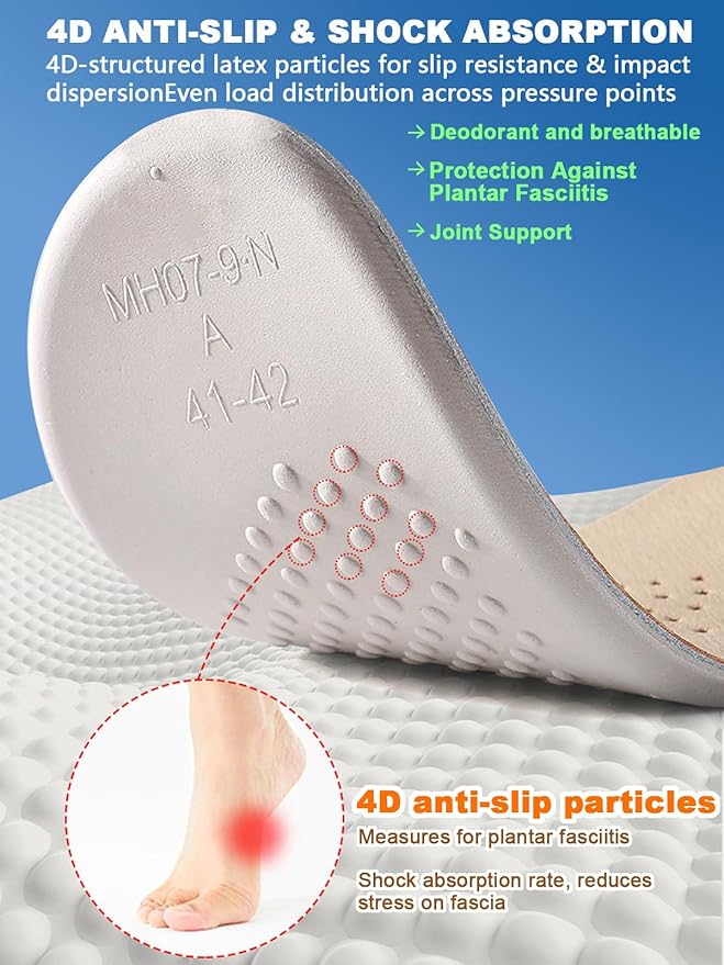 Leather Sockless Shoe Insoles for Men, Thin Dress Work Boots Inserts - Shock Absorption, Anti Sweat & Anti-Odor, for Athletic Shoes, Leather Shoes & Business Shoes (Men 8-8.5 / Women 8-9.5)