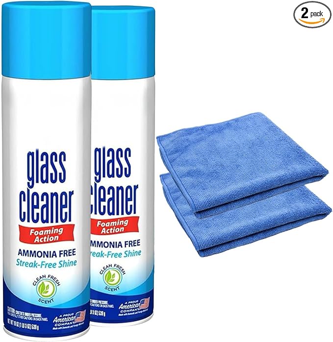 Glass Cleaner Foam, Foaming Action & Spray, 23oz - 2 Pack - Clean Fresh Scent - Bundled With 2 Microfiber Cleaning Clothes (Total 46 OZ)