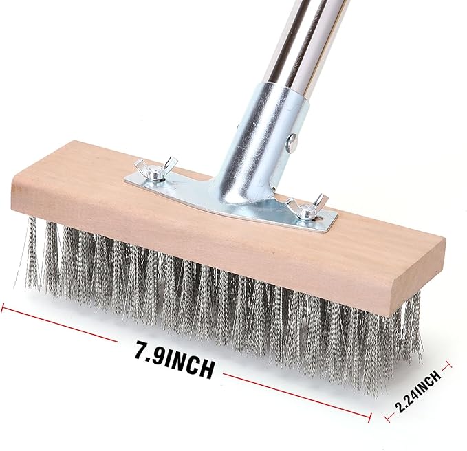 Stainless Steel Wire Scrub Brush with 63" Long Handle, 2PCS 8" Brush Heads, Heavy Duty Large Wire Brush, Stiff Metal Bristle Floor Scrubber, Patio Floor Cleaning, Wire Broom for Concrete, Deck, Moss