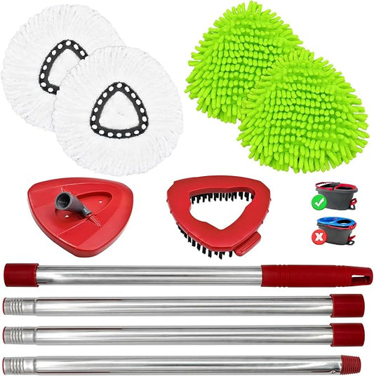 4 Pack Replacement Mop Heads& Handle Scrub Brush and Base Combo Set Compatible with Ocedar Spin Mops Refills，30-58" Mop Handle and Microfiber Head Refills for Cleaning