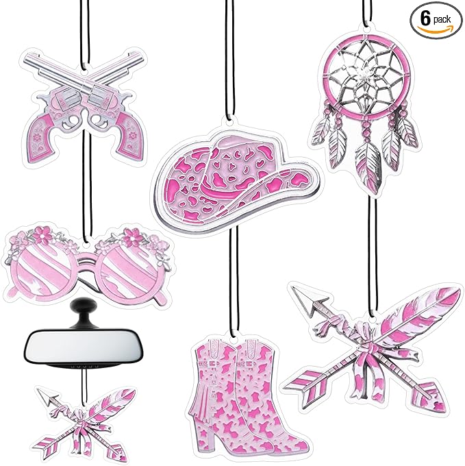 Loopeer 6 Pcs Pink Western Car Air Freshener Preppy Cowgirl Western Gifts for Women Retro Cowgirl Bible Verses Hanging Air Freshener for Cars Closet Drawer Books Cute Car Accessories Mirror Decor