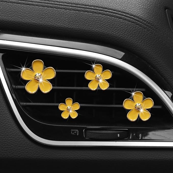 4Pcs Car Accessories Daisy Flowers Car Air Freshener Vent Clips,4 Sizes Cute Car Flowers Car Clips,Girly Women Flowers Car Accessories,Refillable Car Diffuser Air Fresheners Accessories (Yellow)