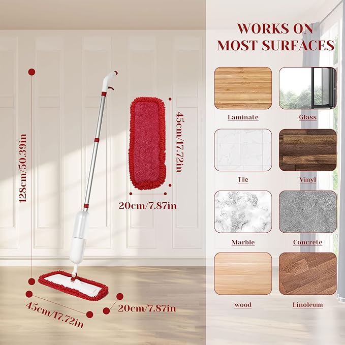 Spray Mop for Floor Cleaning, Wet Dry Microfiber Mop with 4 Washable Pads 650 ml Refillable Bottle and 1 Scraper for Home Kitchen Hardwood Laminate Wood Vinyl Ceramic Tiles Wooden Floor