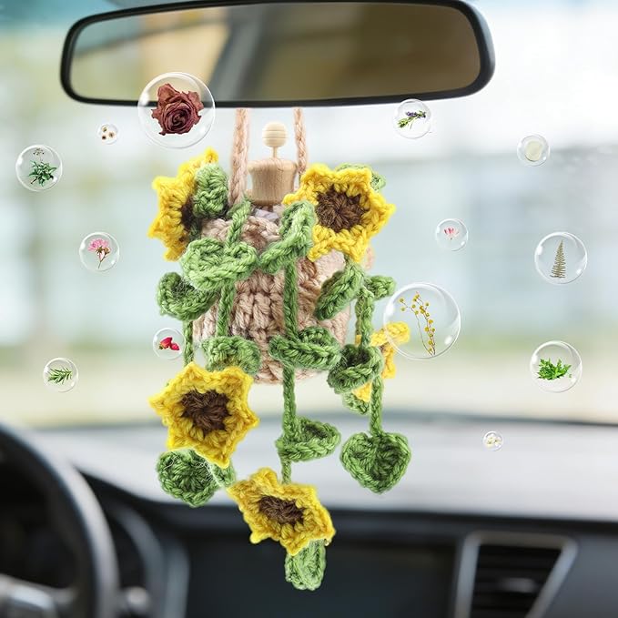 Crochet Car Air Freshener, Cute Crochet Plant for Rear View Mirror, Handmade Car Mirror Hanging Accessories, Plant Botanical Fern Leaf Design with 10ml Refillable Glass Essential Oil Bottle for Home