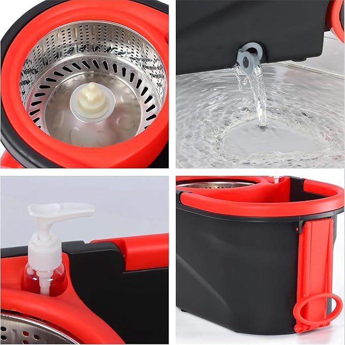 360° Spin Mop and Bucket System with Wringer - Includes 3 Microfiber Mop Refills & 50" Extended Handle for Floor Cleaning, Easy Squeeze, Efficient Home Cleaning Tool (Black) (Black Red)