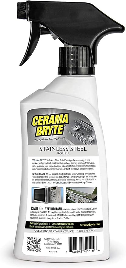 Cerama Bryte High Strength Protective Stainless Steel Appliance Cleaner & Polish Spray with Mineral Oil - 16 oz, Includes Large Microfiber Cloth