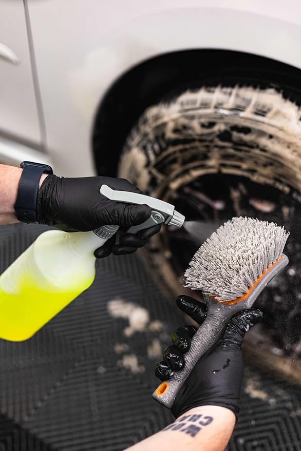 Detail Factory - ProGrip Tire Brush - Ergonomic ProGrip Handle, Stiff Synthetic Bristles, Ergonomic Design, Efficient Tire Brushes for Cleaning Tires - Solar Flare