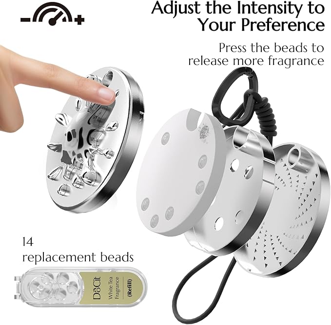 Car Air Freshener Hanging, Car Fresheners Long Lasting for Men & Women, Refillable Essential Oil Diffuser with 7 Beads + 14 Refills, 40+ Days Scent for Home, Office, Bathroom - White Tea
