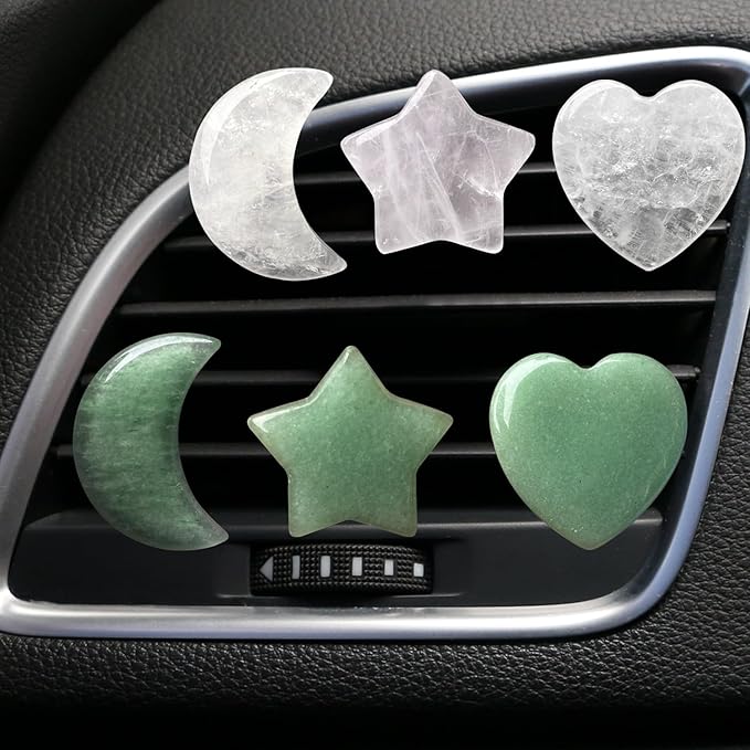 Set of 3 Crystal Stone Car Air Vent Clips, Moon Star Heart Quartz Charm Car Air Freshener Clip, Air Conditioning Outlet Clip, Cute Car Interior Decoration Accessories for Men Women (Green, Unscented)