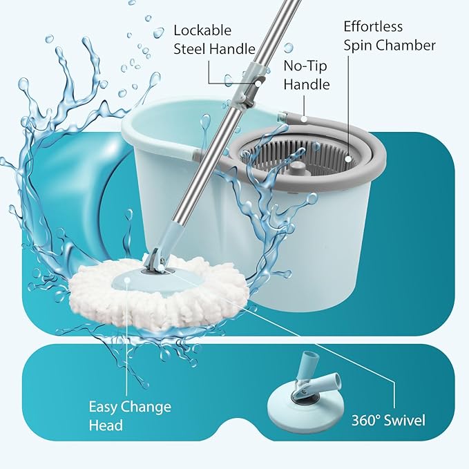Spin Mop and Bucket with Wringer Set, Operable 360° Rotating Mop Bucket Set with 3 Microfiber Replacement Head, Stainless Steel Extended Handle for Floor Cleaning Home Office（Blue）