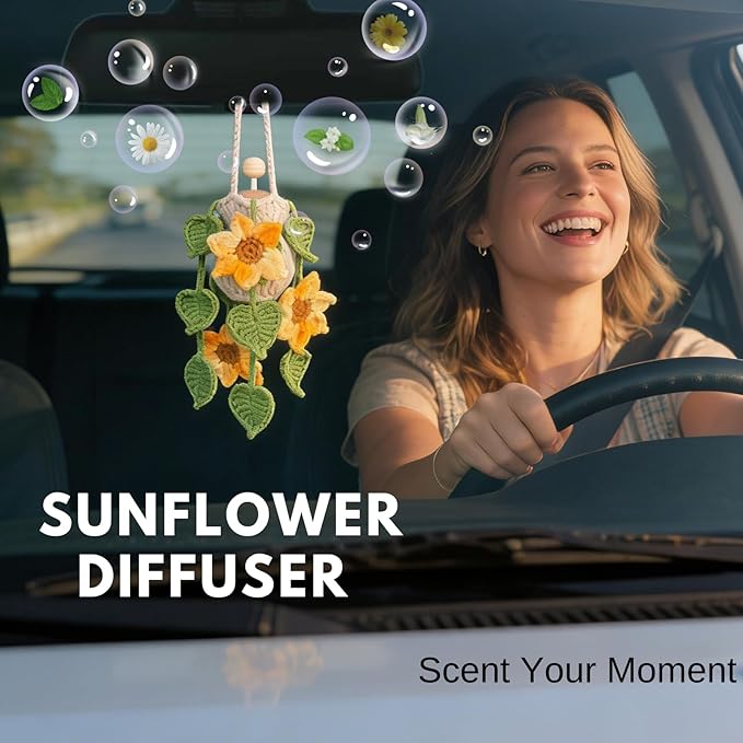 Handmade Crochet Hanging Car Air Freshener - Sunny Sunflower Design, 12ml Refillable Thick Glass Bottle, Car Diffuser for Rearview Mirror, Home & Office Cheerful Decor