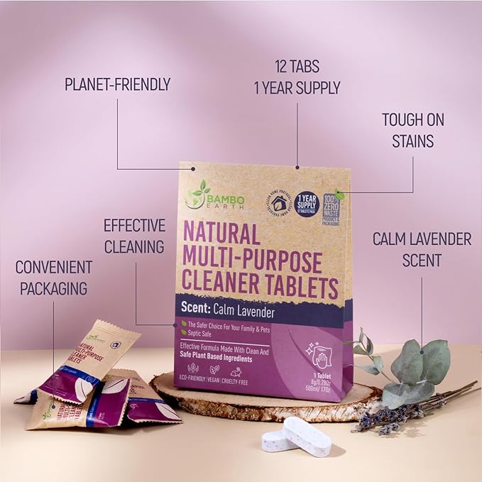 12 Pack Natural Multi-Purpose Cleaner - All Surface Multipurpose Cleaning Tablets Refill - Eco-Friendly Product & Cleaning Supplies - 1 Tablet = 17oz Spray (204oz Total) - Calm Lavender