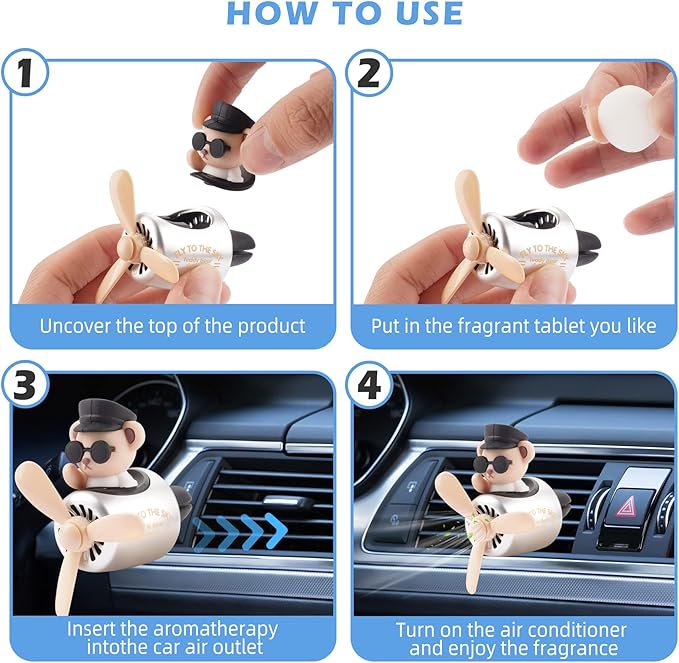 Car Air Freshener Cute Cartoon Teddy Bear Pilot Car Diffuser Rotating Propeller Automotive Air Outlet Fan Creative Car Perfume Decoration Cool Car Accessories