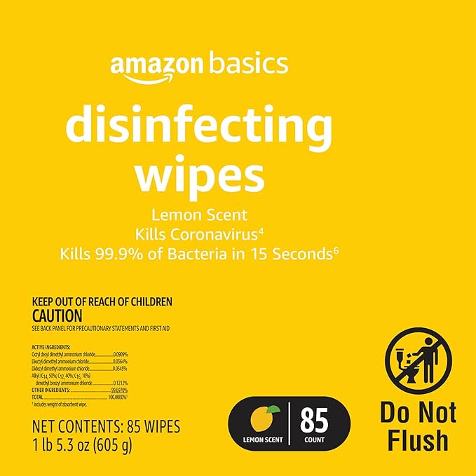 Amazon Basics Disinfecting Wipes, Lemon & Fresh Scent, Sanitizes/Cleans/Disinfects/Deodorizes, 1020 Count (12 Packs of 85)