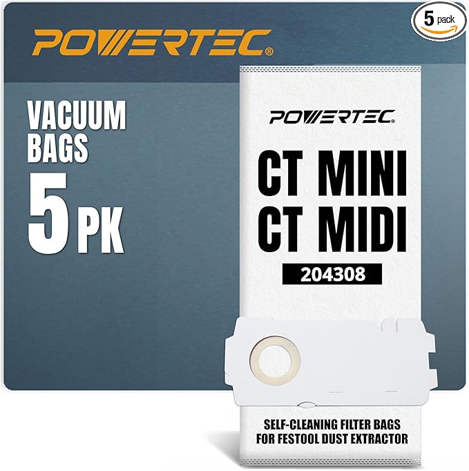 POWERTEC 204308 Selfclean Filter Bags for Festool CT MINI, CT MIDI (from 2019 onwards) and CT15 Dust Extractor, Vacuum Bags for Festool CT Mini/Midi-2, 5 Pack (75085)