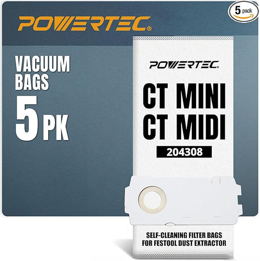 POWERTEC 204308 Selfclean Filter Bags for Festool CT MINI, CT MIDI (from 2019 onwards) and CT15 Dust Extractor, Vacuum Bags for Festool CT Mini/Midi-2, 5 Pack (75085)