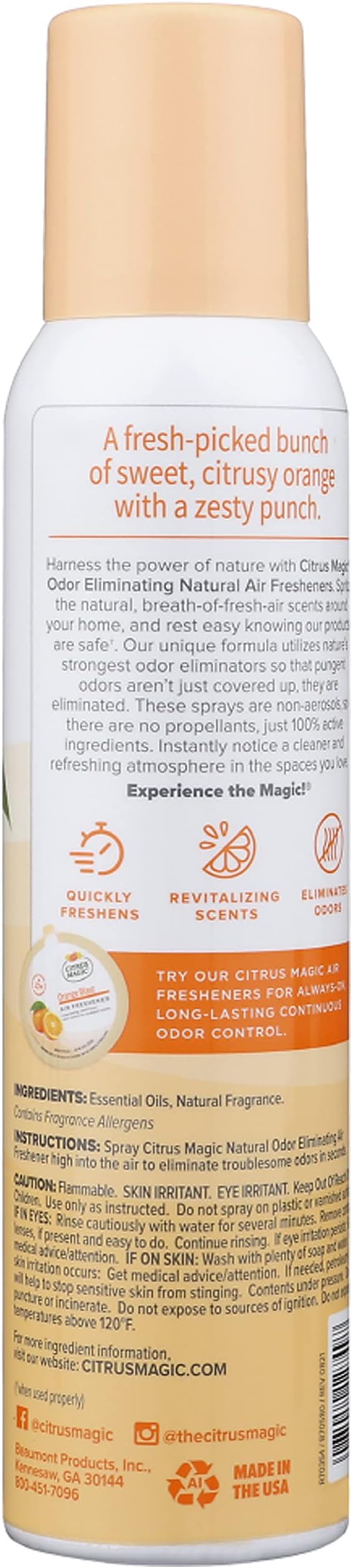 Citrus Magic Natural Odor Eliminating Air Freshener Spray, Orange Blast, 3-Ounce